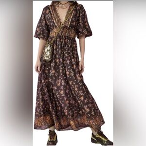 Free People Women's Lysette Indie Maxi Dress Choco Combo Boho Peasant Size XS